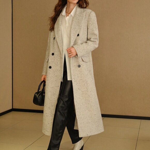 Grey Elegant Women's Peak Collar Flap Detail Longline Pea Overcoat - Picture 5 of 7